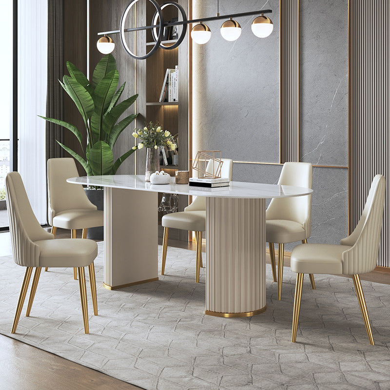Contemporary Sintered Stone Dining Table Oval Double Pedestal Table for Home Use 63"L x 35.4"W x 29.5"H Without Chairs Clearhalo 'Dining Tables & Seating' 'Dining Tables' 'dining_table' 'furn' 'furn_dining_table' 'Furniture' 'Kitchen & Dining Furniture' 6347312