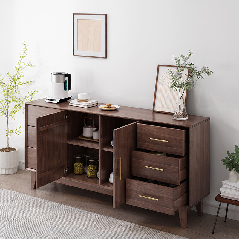 Contemporary Dining Buffet Solid Wood Sideboard Table with Cabinets and Drawers 63"L x 16"W x 33"H Nut-Brown Clearhalo 'buffet_sideboard' 'Buffets & Sideboards' 'furn' 'furn_buffet_sideboard' 'Furniture' 'Kitchen & Dining Furniture' 6348144