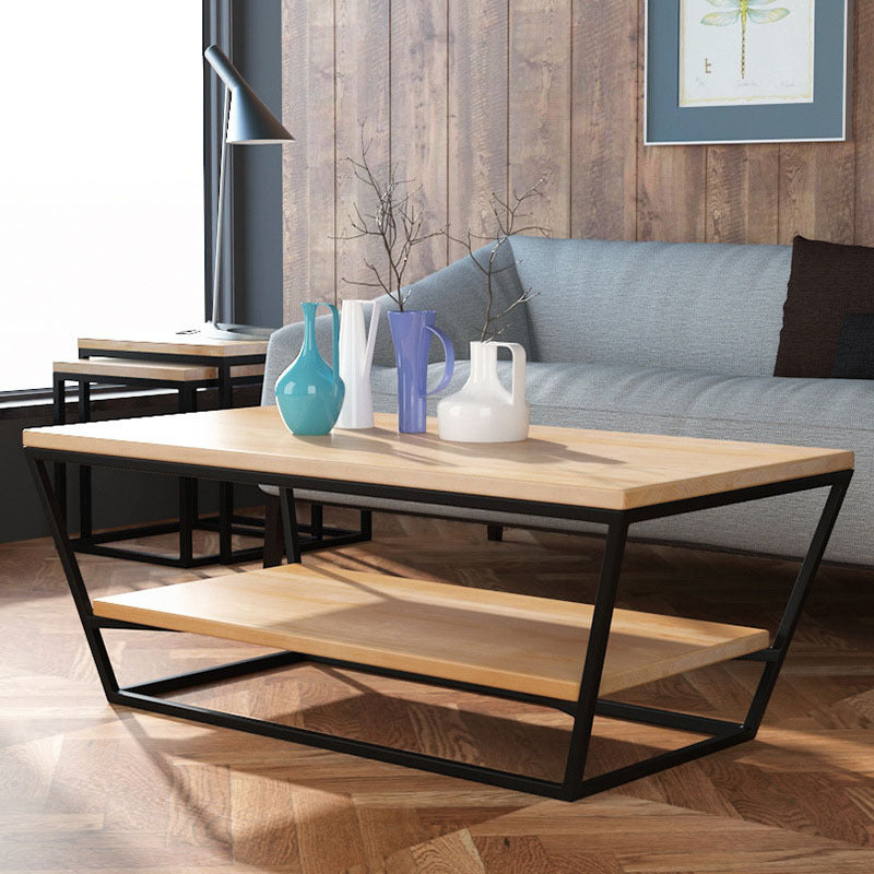 Mesa de centro de madera moderna de 19,68" de alto, mesa de cóctel con trineo de acero y estante
