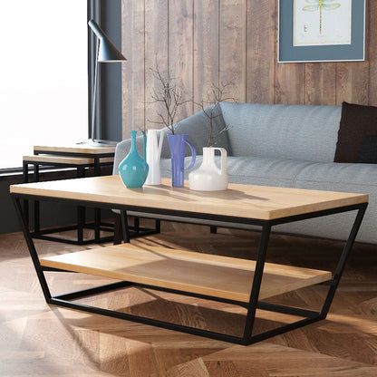 Mesa de centro de madera moderna de 19,68" de alto, mesa de cóctel con trineo de acero y estante