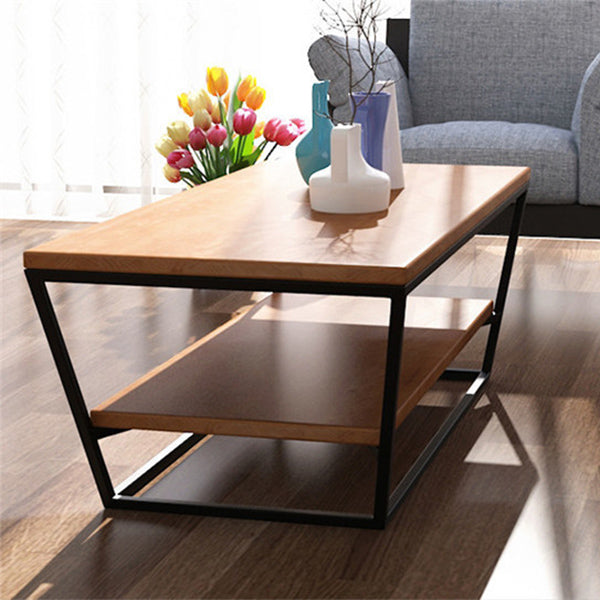 Mesa de centro de madera moderna de 19,68" de alto, mesa de cóctel con trineo de acero y estante
