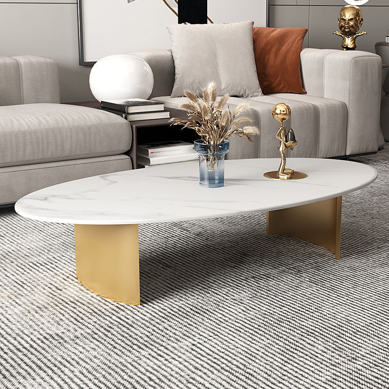 Glam Oval Stone Top Coffee Table with Steel Base Cocktail Table Clearhalo 'Coffee & Accent Tables' 'Coffee Tables' 'coffee_tables' 'furn' 'furn_coffee_tables' 'Furniture' 'Living Room Furniture' 6348892