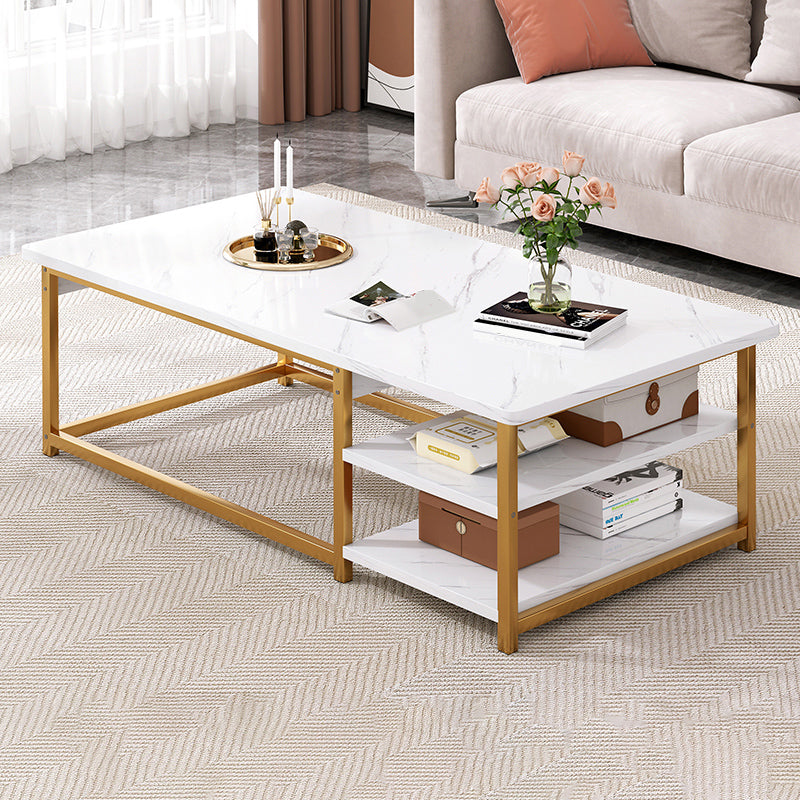 16.53" H Rectangle Wooden Coffee Table Metal Frame Cocktail Table with Shelves 55"L x 24"W x 16.5"H White-Gold Clearhalo 'Coffee & Accent Tables' 'Coffee Tables' 'coffee_tables' 'furn' 'furn_coffee_tables' 'Furniture' 'Living Room Furniture' 6348911