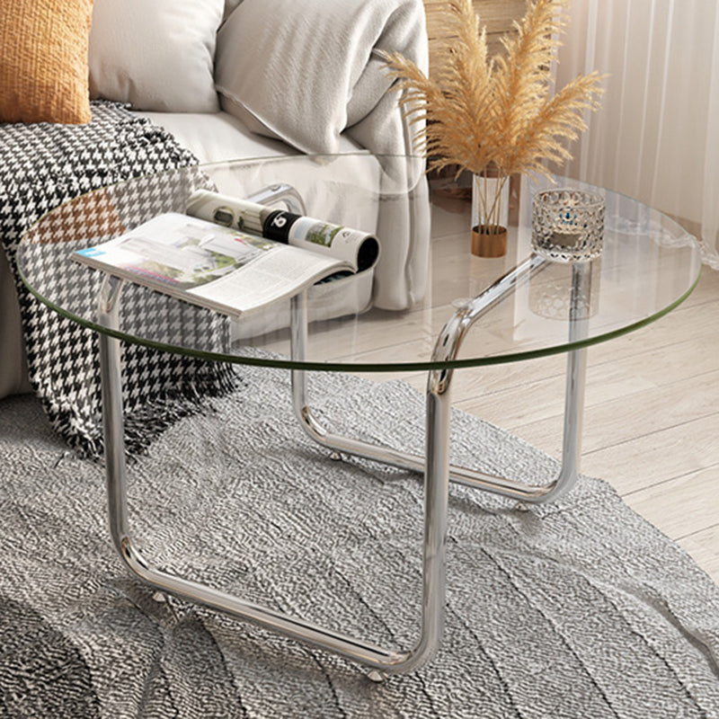 Contemporary Round Glass Top Coffee Table with Steel Sled Legs 31.5"L x 31.5"W x 20"H Clearhalo 'Coffee & Accent Tables' 'Coffee Tables' 'coffee_tables' 'furn' 'furn_coffee_tables' 'Furniture' 'Living Room Furniture' 6348994