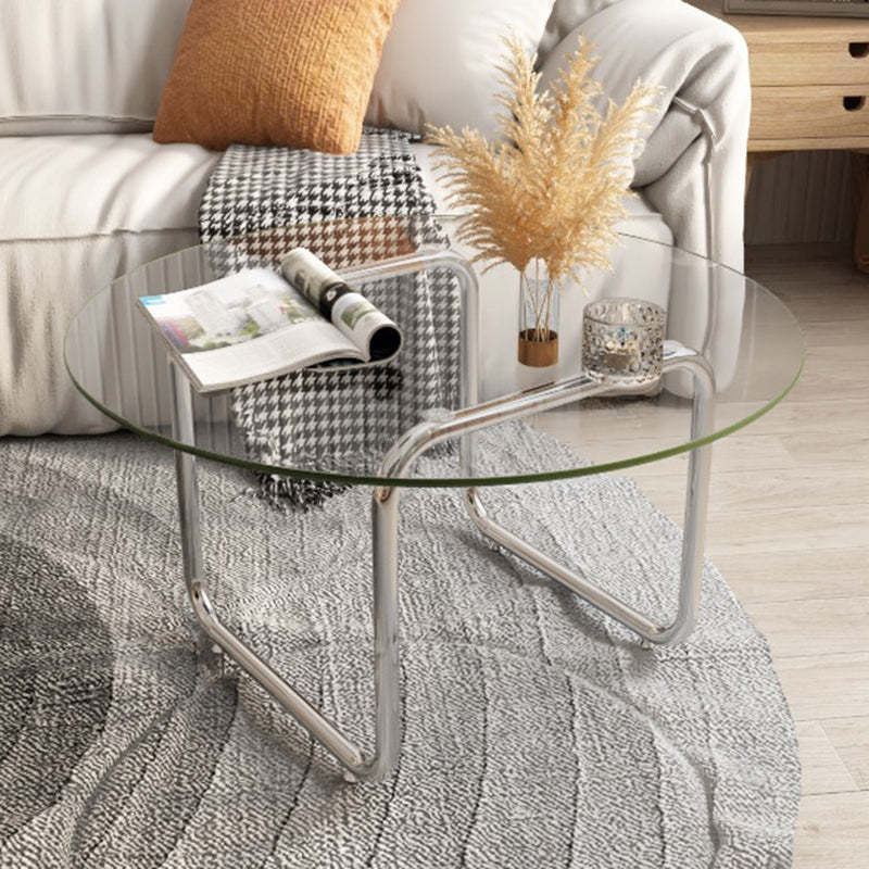 Contemporary Round Glass Top Coffee Table with Steel Sled Legs 28"L x 28"W x 16"H Clearhalo 'Coffee & Accent Tables' 'Coffee Tables' 'coffee_tables' 'furn' 'furn_coffee_tables' 'Furniture' 'Living Room Furniture' 6348995