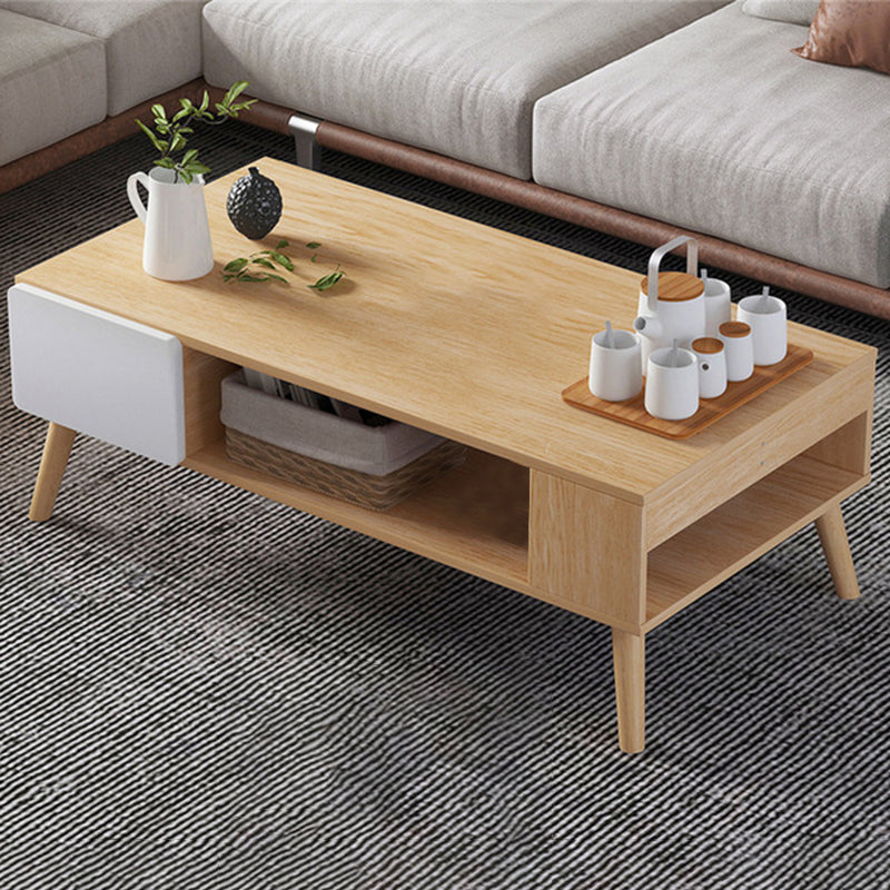 Modern Rectangle Wooden Coffee Table 4 Legs Cocktail Table with Storage 39"L x 21"W x 16.5"H Natural Wood White 2 Clearhalo 'Coffee & Accent Tables' 'Coffee Tables' 'coffee_tables' 'furn' 'furn_coffee_tables' 'Furniture' 'Living Room Furniture' 6349010