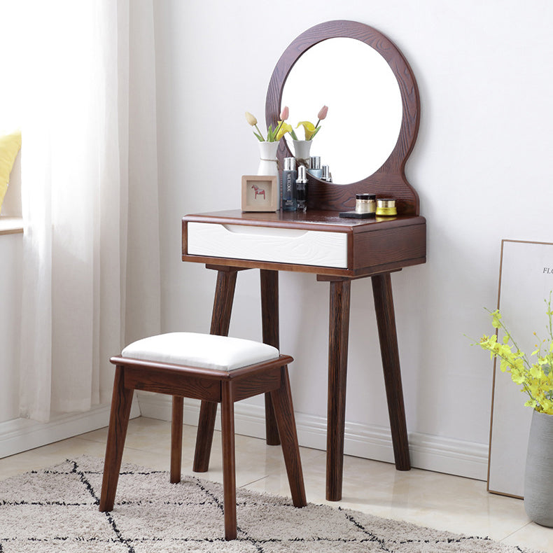 15.74" Wide Solid Wood Dresser 1-Drawer Vanity Table with Stool and Mirror