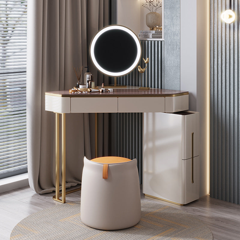 Tavolo da vanità a specchio e set di sgabelli da 4 cassetti in vetro