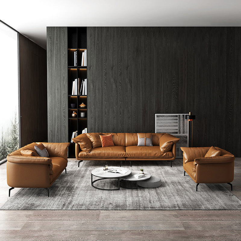 Modern Pillow Back Sofa Orange Genuine Leather Tuxedo Arm Sofa