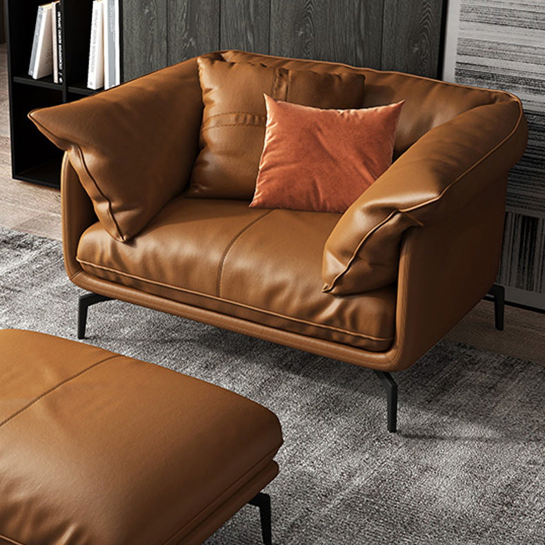 Modern Pillow Back Sofa Orange Genuine Leather Tuxedo Arm Sofa