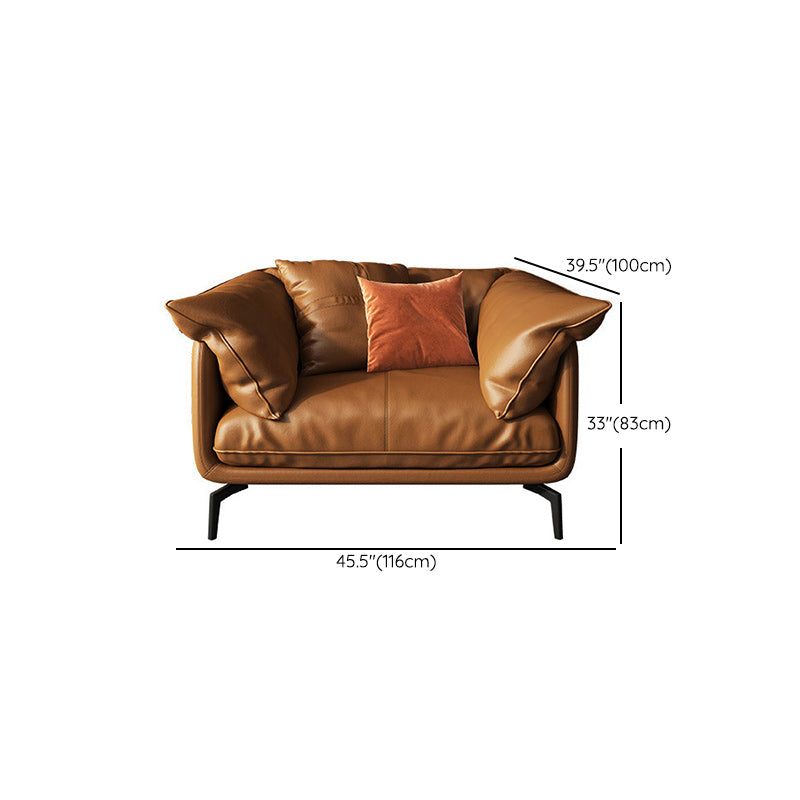 Modern Pillow Back Sofa Orange Genuine Leather Tuxedo Arm Sofa