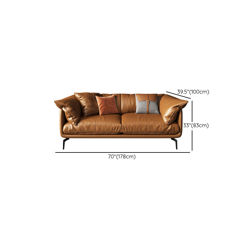 Modern Pillow Back Sofa Orange Genuine Leather Tuxedo Arm Sofa