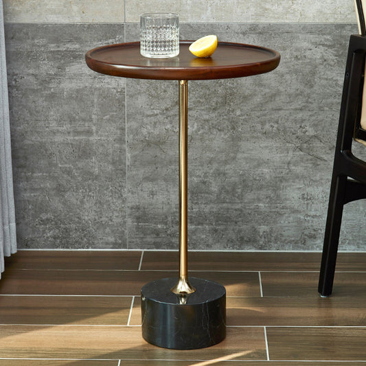 コンテンポラリーウッドラウンドトップサイドテーブル大理石の台座エンドテーブル