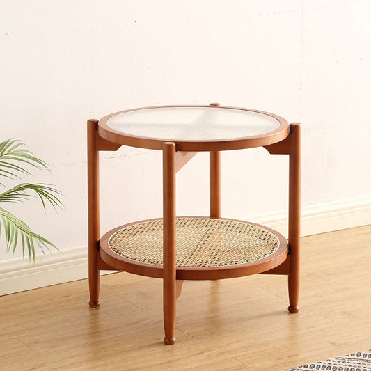 21.65 "高さの丸いガラス上部サイドテーブルウッド4脚エンドテーブル付き棚付き