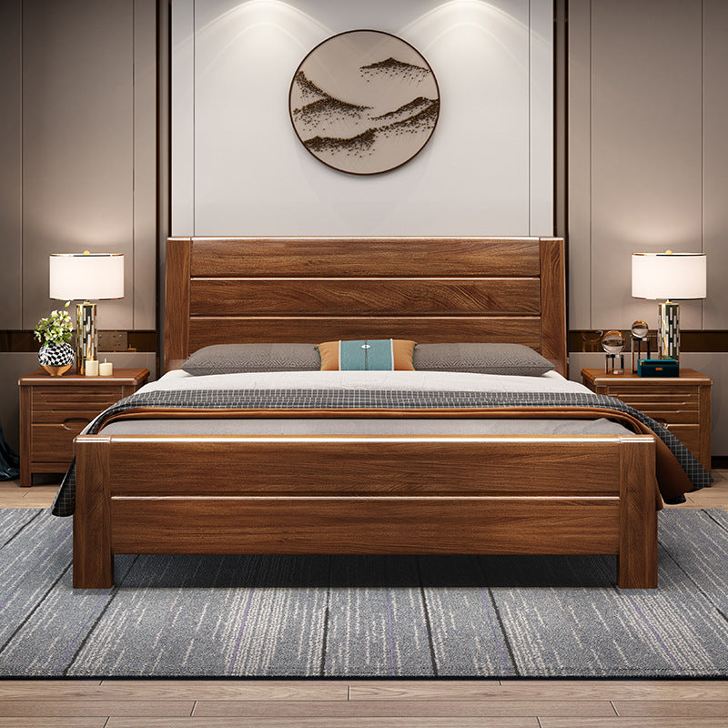 Walnut Solid Color Panel Bed Mid-Century Modern Standard Bed with Headboard