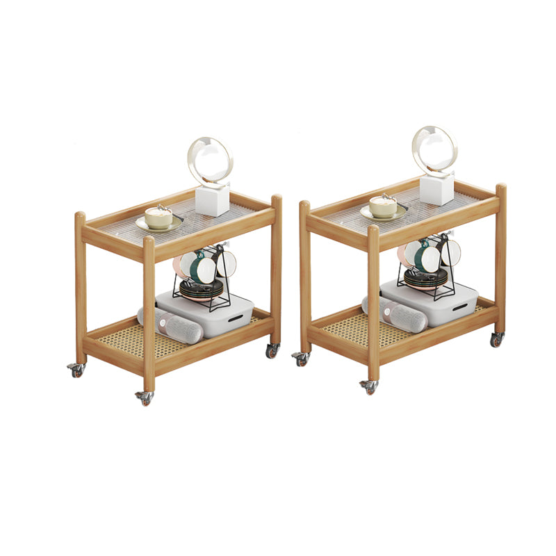 棚と車輪付きの最新の長方形のガラス上端テーブル木材ベースサイドテーブル