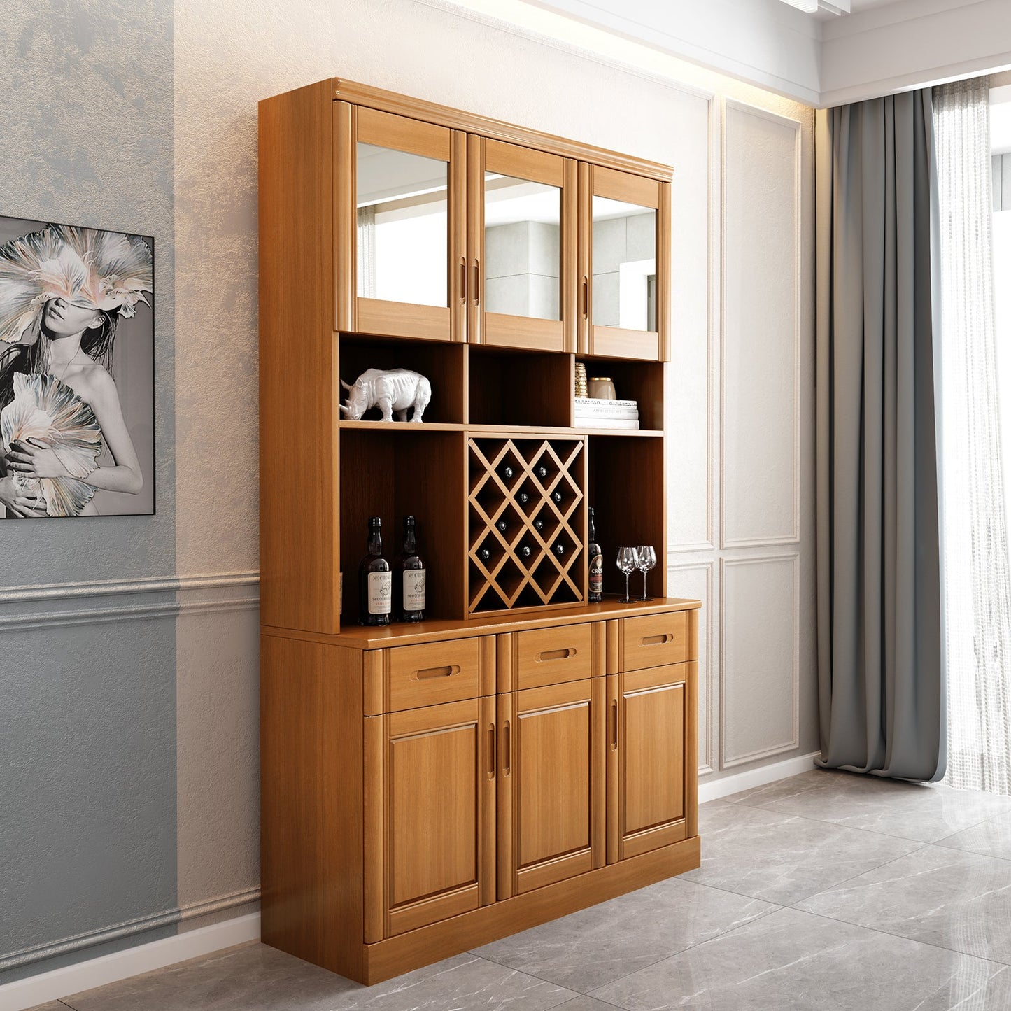 Porte moderne di vetro da sala da pranzo a buffet in legno di gomma con cassetti per soggiorno