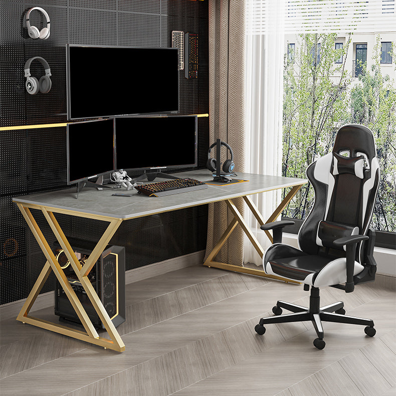 Contemporary Computer Desk Rectangular Gold Secretary Desk with Metal Legs 63"L x 31.5"W x 29.5"H Gray Clearhalo 'furn' 'furn_office_desk' 'Furniture' 'Office Desks' 'Office Furniture' 'office_desk' 6356988