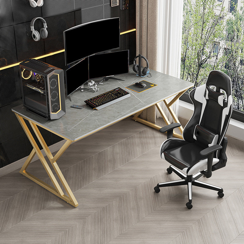 Contemporary Computer Desk Rectangular Gold Secretary Desk with Metal Legs 55.1"L x 31.5"W x 29.5"H Gray Clearhalo 'furn' 'furn_office_desk' 'Furniture' 'Office Desks' 'Office Furniture' 'office_desk' 6356989