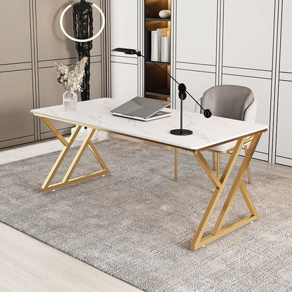 Contemporary Computer Desk Rectangular Gold Secretary Desk with Metal Legs White Clearhalo 'furn' 'furn_office_desk' 'Furniture' 'Office Desks' 'Office Furniture' 'office_desk' 6356995