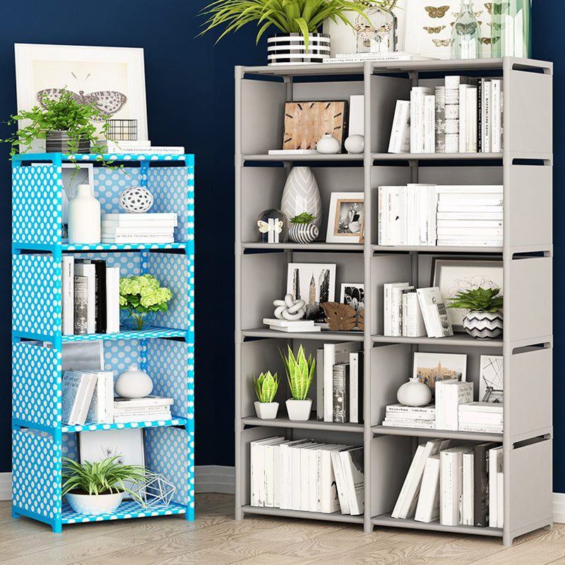 Contemporary Vertical Bookshelf Metal Study Room Bookcase with Fabric Bins