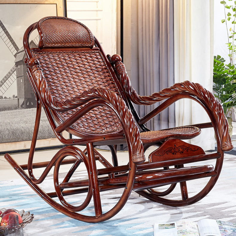 Woven Rope Rocking Chair Rattan Traditional Solid Rocking Accent Chair with Cushions Brown Non-Upholstered Clearhalo 'Chairs & Seating' 'furn' 'furn_rocking_chairs' 'Furniture' 'Living Room Furniture' 'Rocking Chairs' 'rocking_chairs' 6362445