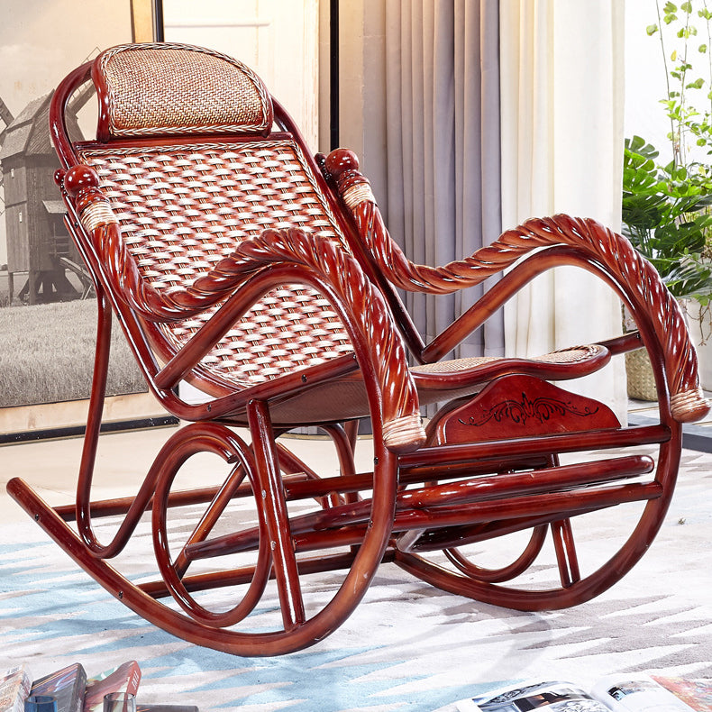 Woven Rope Rocking Chair Rattan Traditional Solid Rocking Accent Chair with Cushions Dark Brown Non-Upholstered Clearhalo 'Chairs & Seating' 'furn' 'furn_rocking_chairs' 'Furniture' 'Living Room Furniture' 'Rocking Chairs' 'rocking_chairs' 6362448