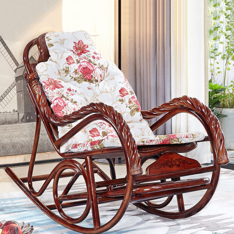 Woven Rope Rocking Chair Rattan Traditional Solid Rocking Accent Chair with Cushions Dark Brown Upholstered Clearhalo 'Chairs & Seating' 'furn' 'furn_rocking_chairs' 'Furniture' 'Living Room Furniture' 'Rocking Chairs' 'rocking_chairs' 6362451