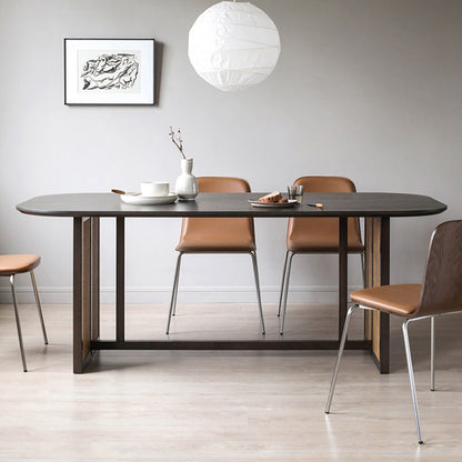 Modern Ash Wood Dining Table Oval Wooden Table with Double Pedestal in Black 63"L x 35.4"W x 29.5"H Without Chairs Clearhalo 'Dining Tables & Seating' 'Dining Tables' 'dining_table' 'furn' 'furn_dining_table' 'Furniture' 'Kitchen & Dining Furniture' 6362917