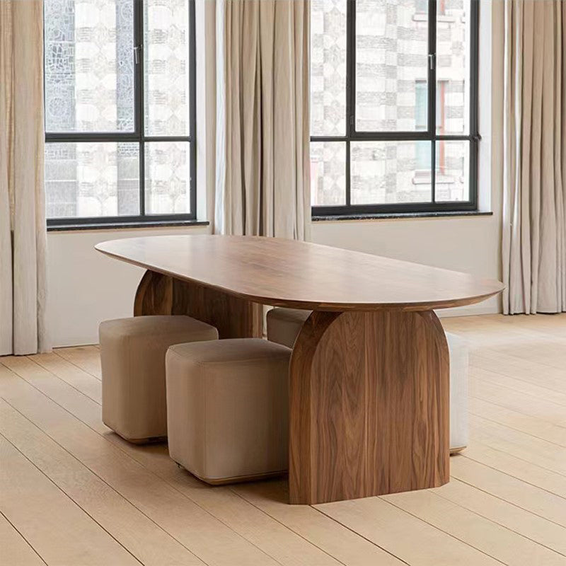 Moderner Esstisch aus massivem Holz, ovaler Holztisch mit Doppelsockel für Restaurant