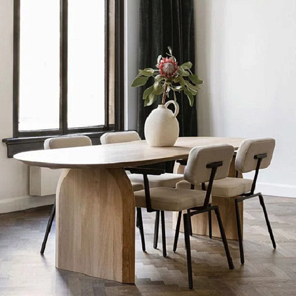 Moderner Esstisch aus massivem Holz, ovaler Holztisch mit Doppelsockel für Restaurant