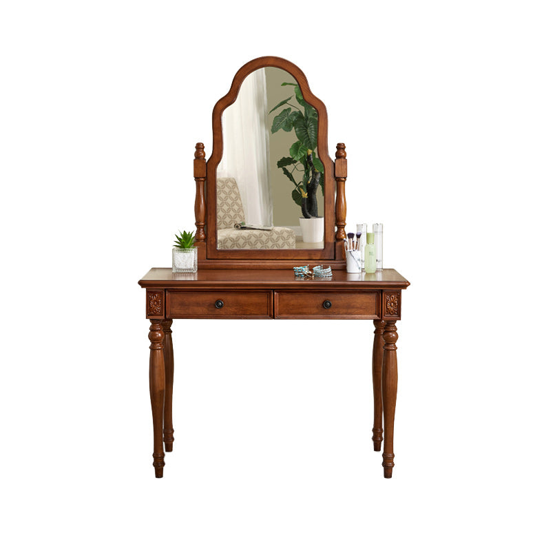 Traditional 2 Drawers Wood Mirrored Makeup Table Desk Vanity in Brown Clearhalo 'Bedroom Furniture' 'furn' 'furn_makeup_vanities' 'Furniture' 'Makeup Vanities' 'makeup_vanities' 6363684
