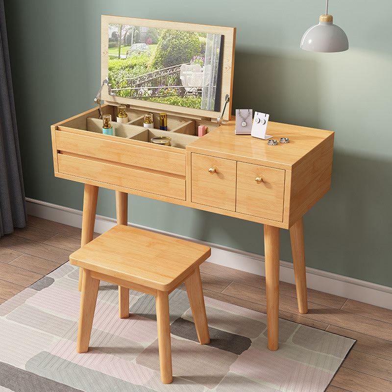 Scandinavian 3-Drawer Solid Wood Flip-top Dressing Vanity Make-up Table Makeup Vanity & Stools Natural Clearhalo 'Bedroom Furniture' 'furn' 'furn_makeup_vanities' 'Furniture' 'Makeup Vanities' 'makeup_vanities' 6363759