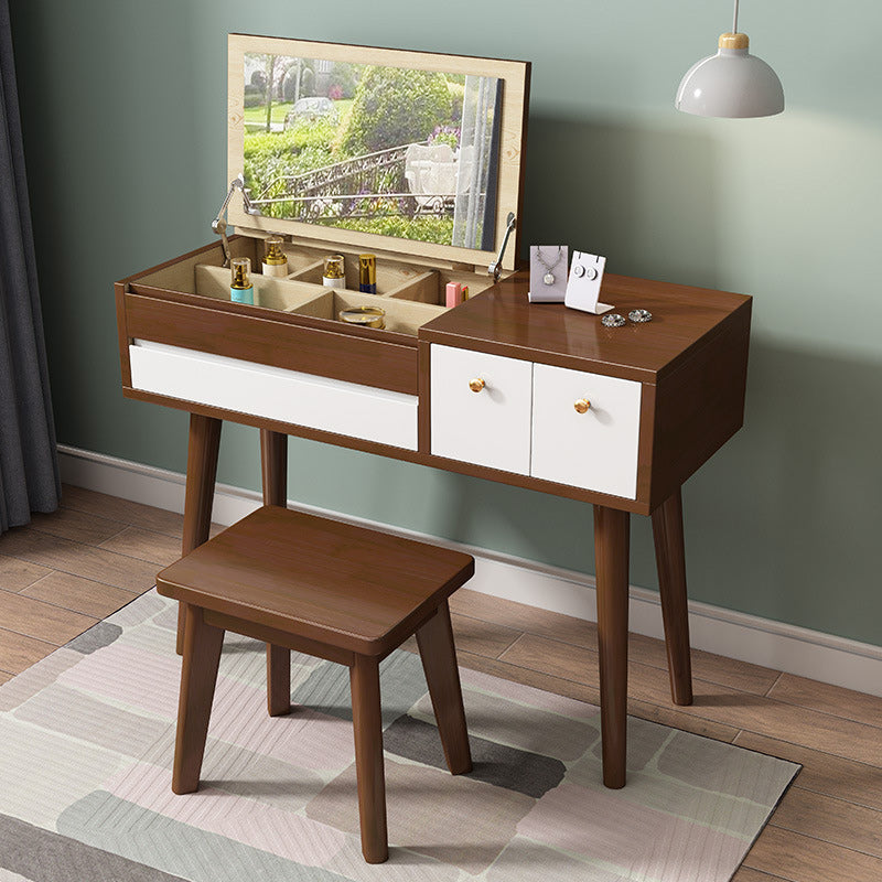 Scandinavian 3-Drawer Solid Wood Flip-top Dressing Vanity Make-up Table Makeup Vanity & Stools Walnut White Clearhalo 'Bedroom Furniture' 'furn' 'furn_makeup_vanities' 'Furniture' 'Makeup Vanities' 'makeup_vanities' 6363762