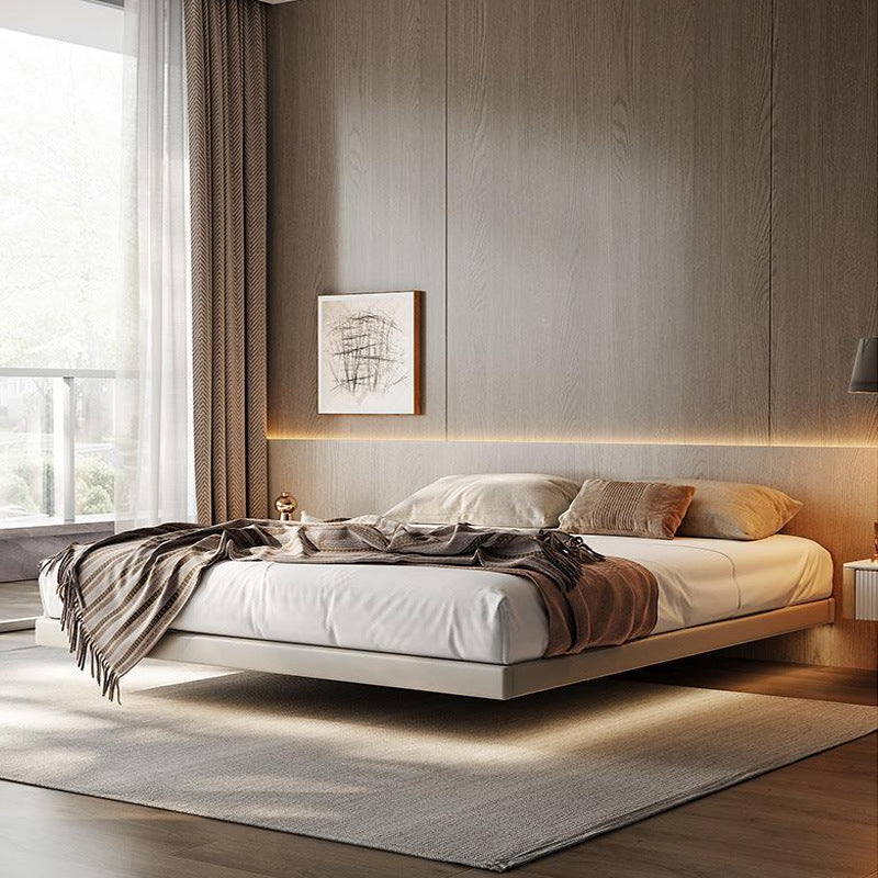 ベージュプラットフォームベッドコンテンポラリープラットフォームベッドフレームウッドと布張り