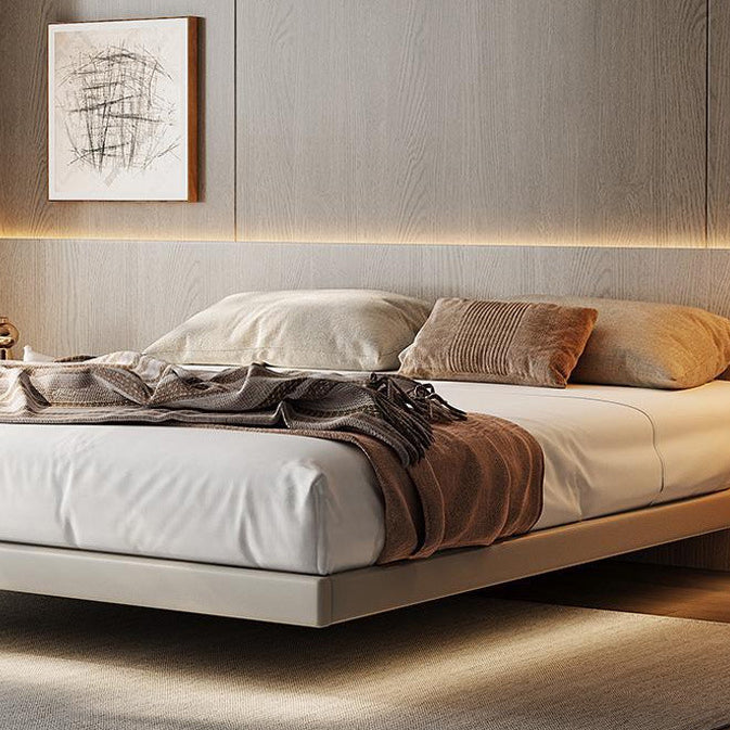 ベージュプラットフォームベッドコンテンポラリープラットフォームベッドフレームウッドと布張り