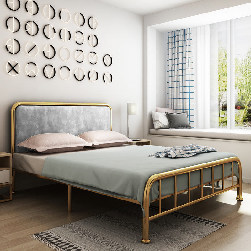 Grey and Gold Open-Frame Bed with Metal Legs Bed Frame Upholstered Headboard
