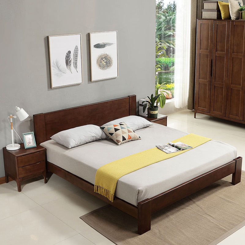 Modern Solid Color Panel Bed Rubberwood Standard Bed with Headboard Queen Walnut Clearhalo 'Bedroom Furniture' 'Beds' 'furn' 'furn_beds' 'Furniture' 6364223