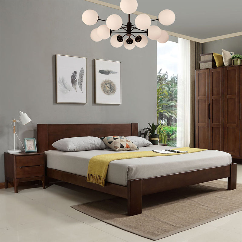 Modern Solid Color Panel Bed Rubberwood Standard Bed with Headboard Full XL Walnut Clearhalo 'Bedroom Furniture' 'Beds' 'furn' 'furn_beds' 'Furniture' 6364230