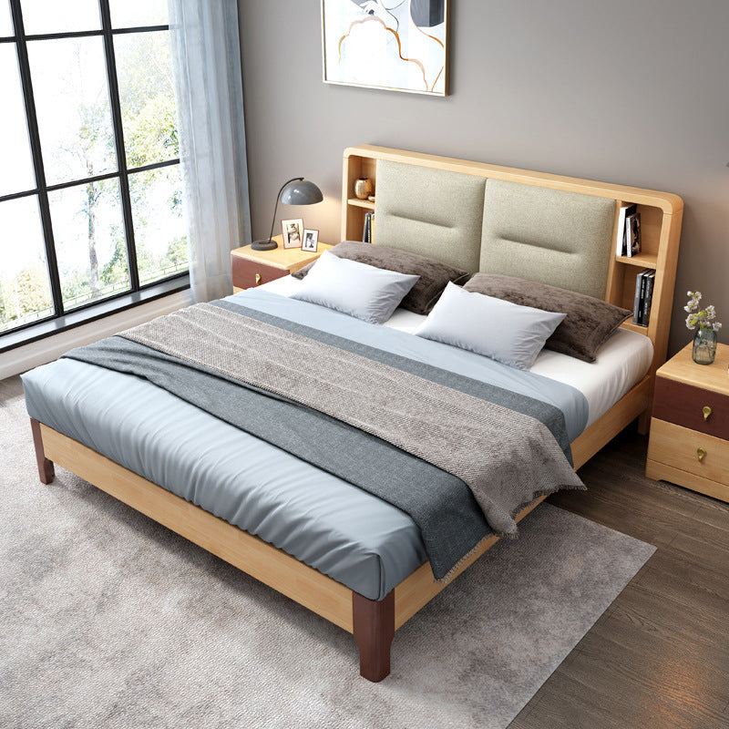Natural Bed Frame Wood and Upholstered Standard Bed Upholstered Headboard