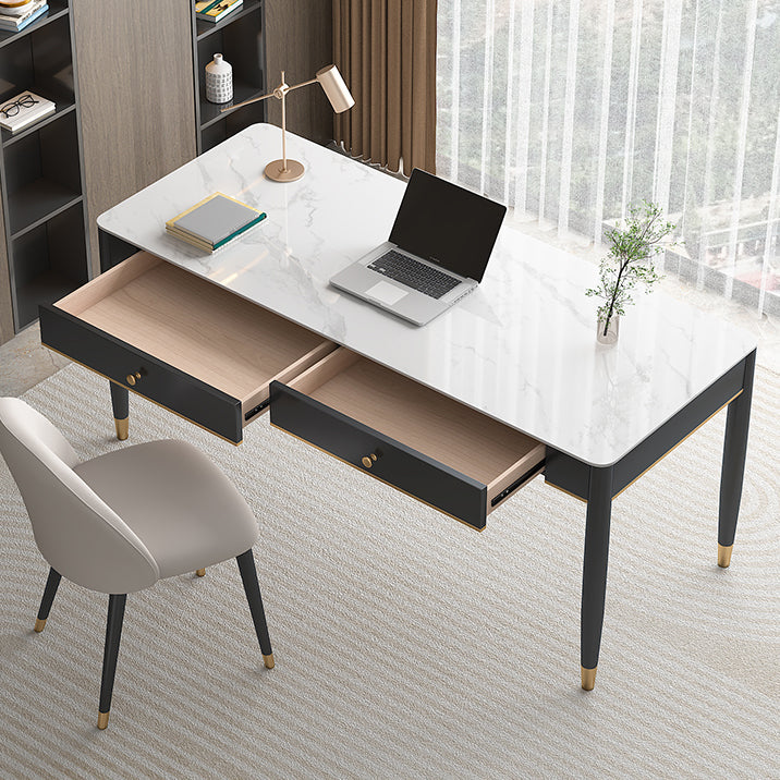 Glam Office Desk Antique Finish Curved Computer Desk with 2 Storage Drawers 55.1"L x 21.7"W x 29.5"H Clearhalo 'furn' 'furn_office_desk' 'Furniture' 'Office Desks' 'Office Furniture' 'office_desk' 6368795