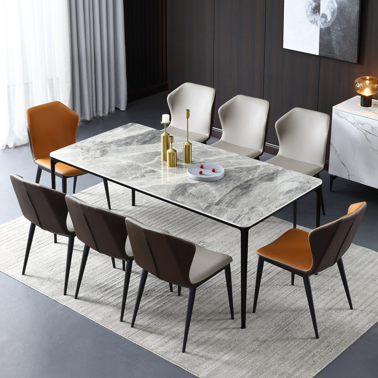 Modern Stone Dining Set 1/4/5/7 Pieces Rectangle Dining Table Set with Wingback Chairs