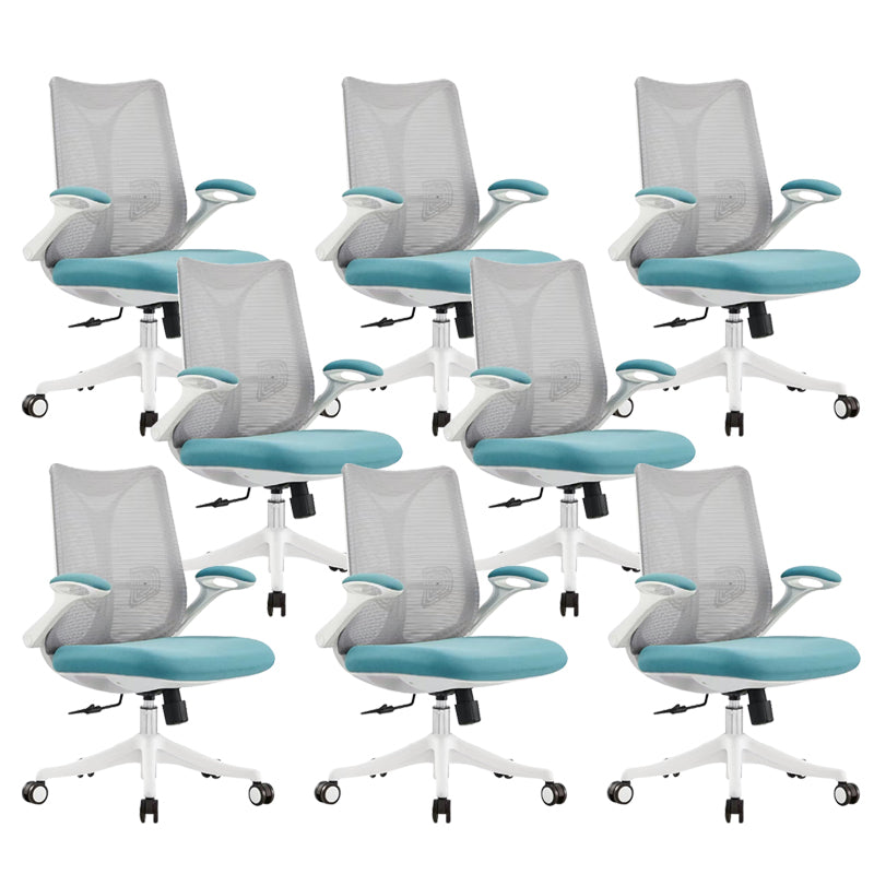 Contemporary Swivel Chair Flip-Up Armrest Mesh Mid-Back Office Chair Gray Blue 8 Piece Set Clearhalo 'furn' 'furn_office_chair' 'Furniture' 'Office Chairs' 'Office Furniture' 'office_chair' 6370272