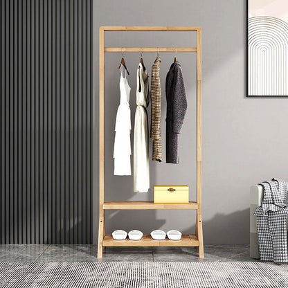 Contemporary Style Coat Hanger Solid Wood Double Shelves Coat Rack for Living Room
