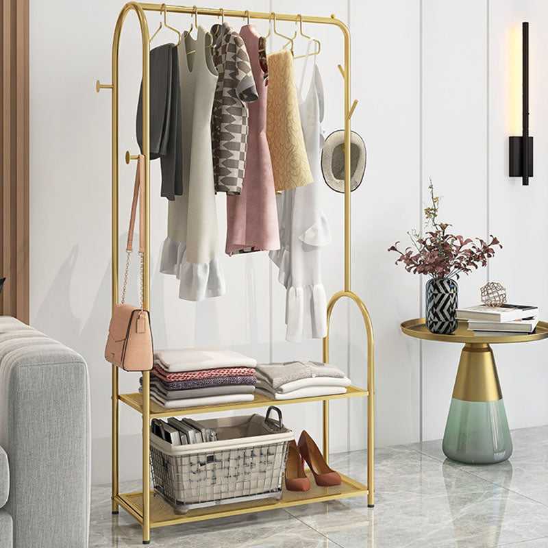Contemporary Metal Coat Hanger Free Standing Coat Rack with Shelves Shelving 39"L x 15"W x 63"H Gold Clearhalo 'Entry & Mudroom Furniture' 'furn' 'furn_hall_tree_coat_racks' 'Furniture' 'Hall Trees & Coat Racks' 'hall_tree_coat_racks' 6370490