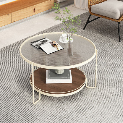 Table basse ronde en verre de 17,7 po de hauteur, table de cocktail à 3 pieds en fer avec étagère