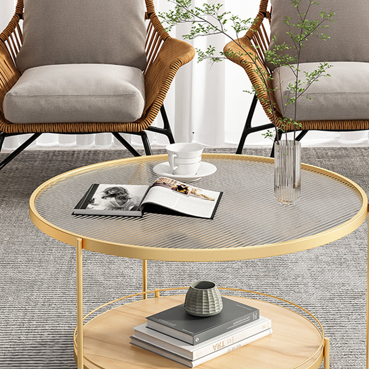 Table basse ronde en verre de 17,7 po de hauteur, table de cocktail à 3 pieds en fer avec étagère