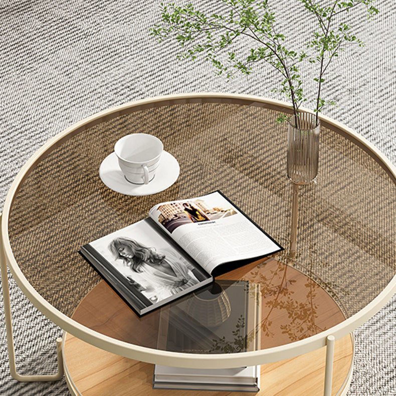 Table basse ronde en verre de 17,7 po de hauteur, table de cocktail à 3 pieds en fer avec étagère