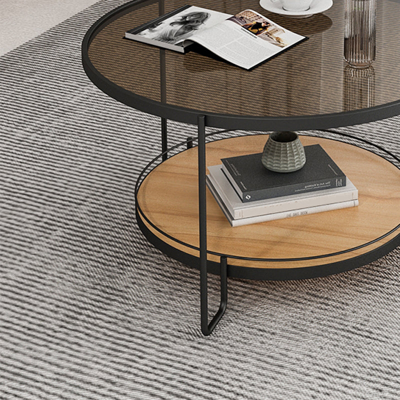 Table basse ronde en verre de 17,7 po de hauteur, table de cocktail à 3 pieds en fer avec étagère