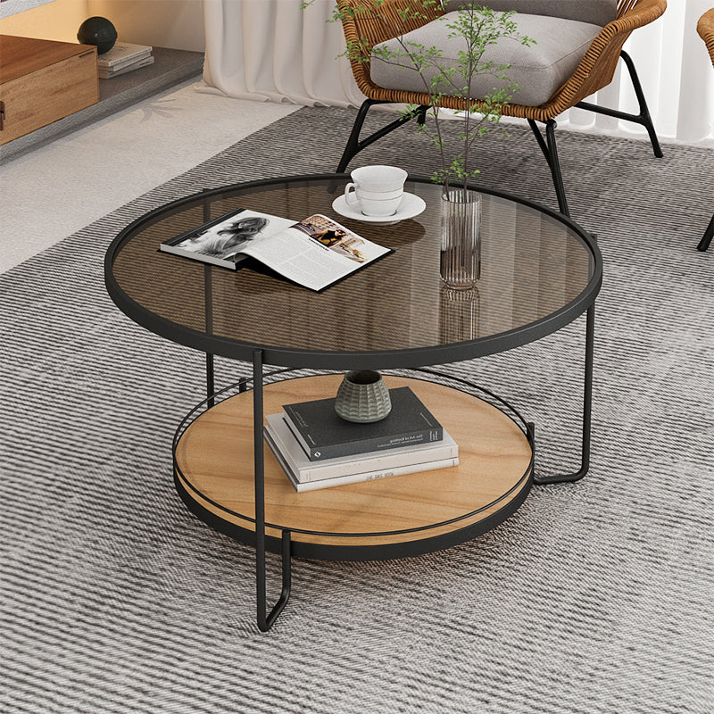 Table basse ronde en verre de 17,7 po de hauteur, table de cocktail à 3 pieds en fer avec étagère